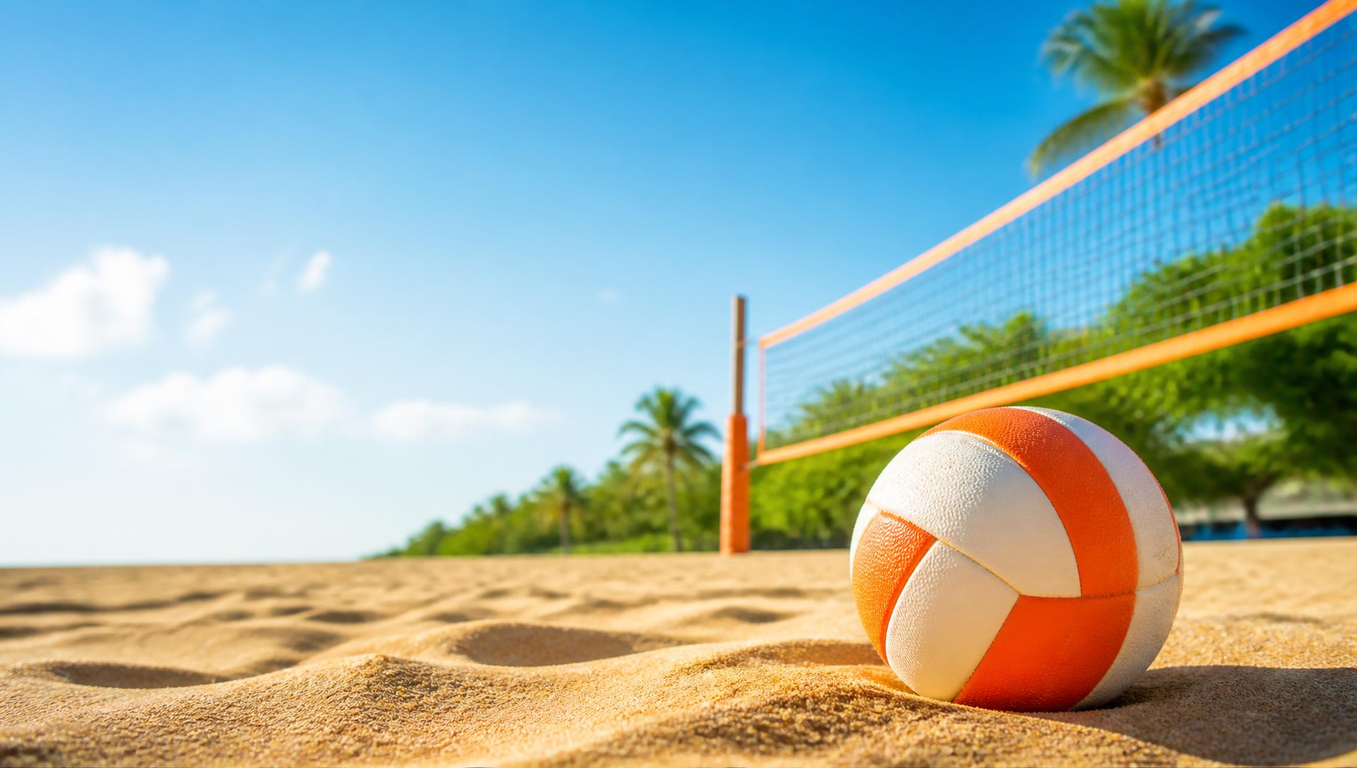 Pallone da beach volley sulla sabbia davanti a una rete